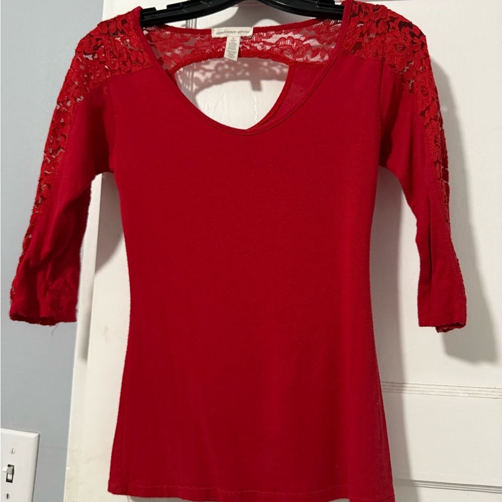 Ambiance Red Fitted 3/4 Sleeve Blouse with Cut Out